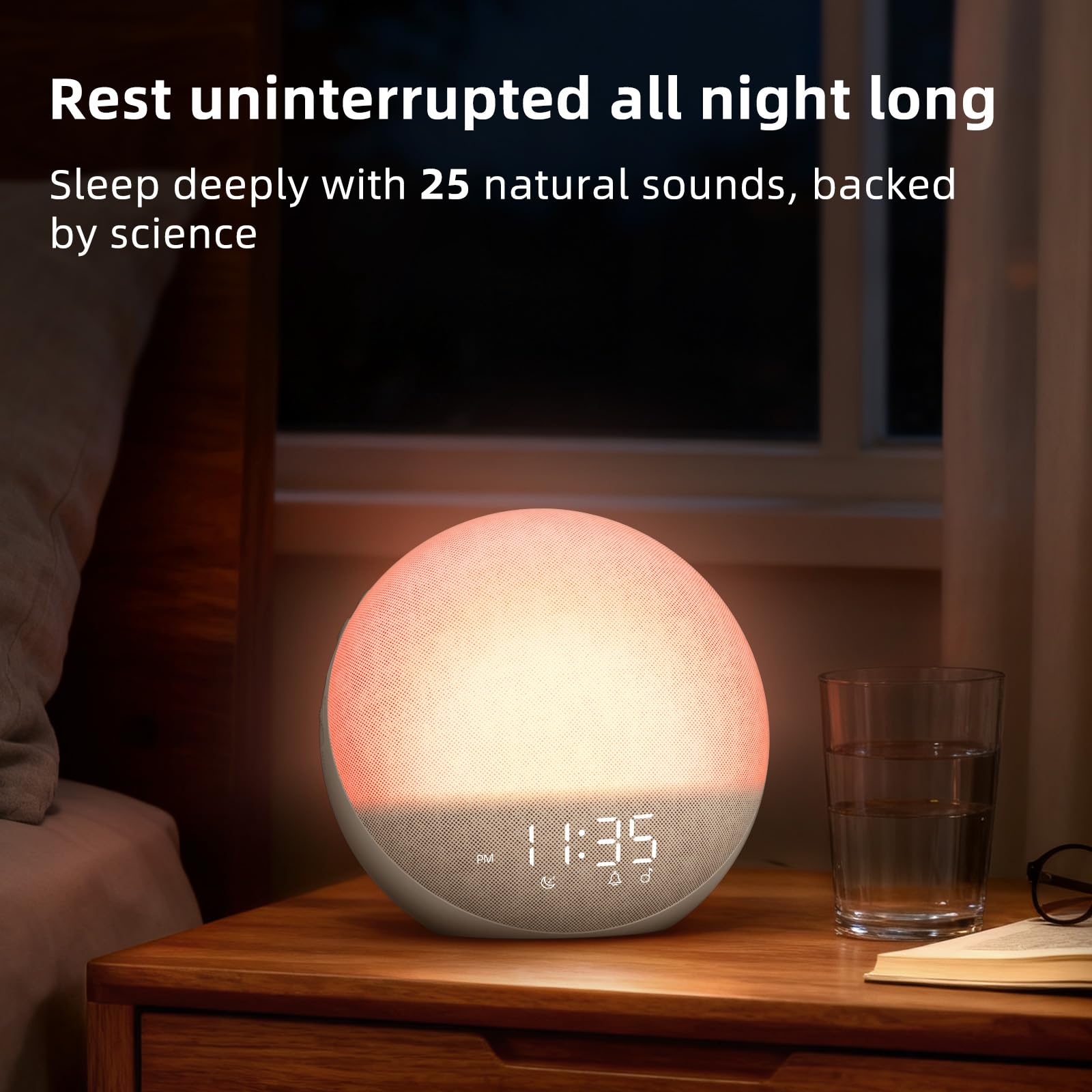 Odokee Sunrise Alarm Clock sunrise animation highlights gradual light for a gentle wake.