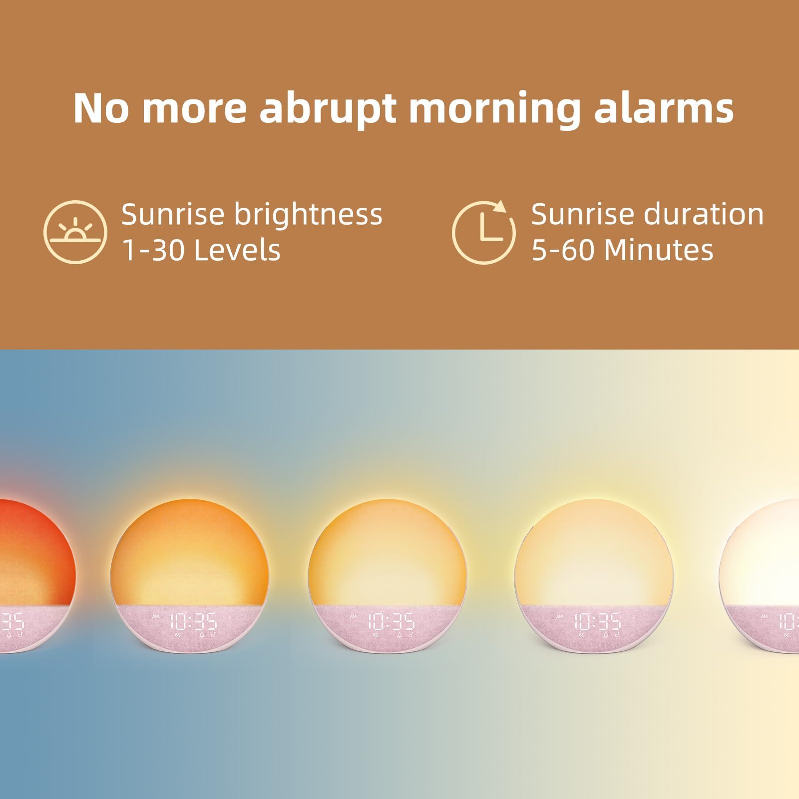 Odokee sunrise wake feature with sunrise simulation for gradual light cues.