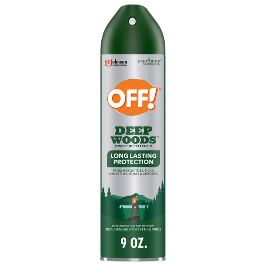 OFF! Deep Woods aerosol bottle for long-lasting outdoor protection during camping.