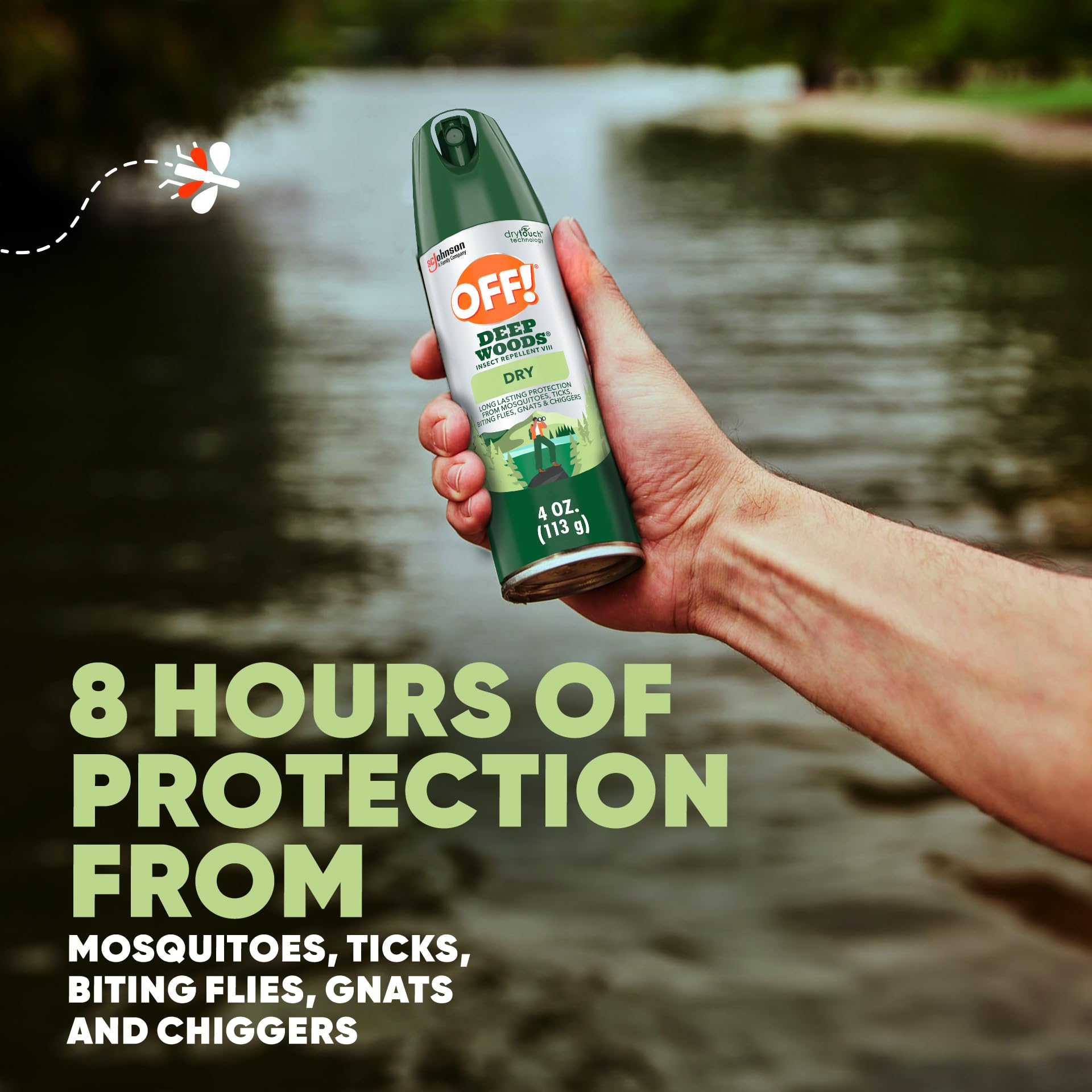 OFF! Deep Woods 25% DEET formula delivers strong mosquito protection.