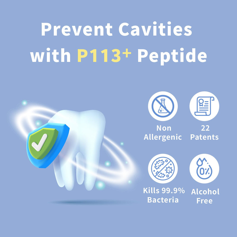 Close-up of P113+ antimicrobial peptide label on bottle