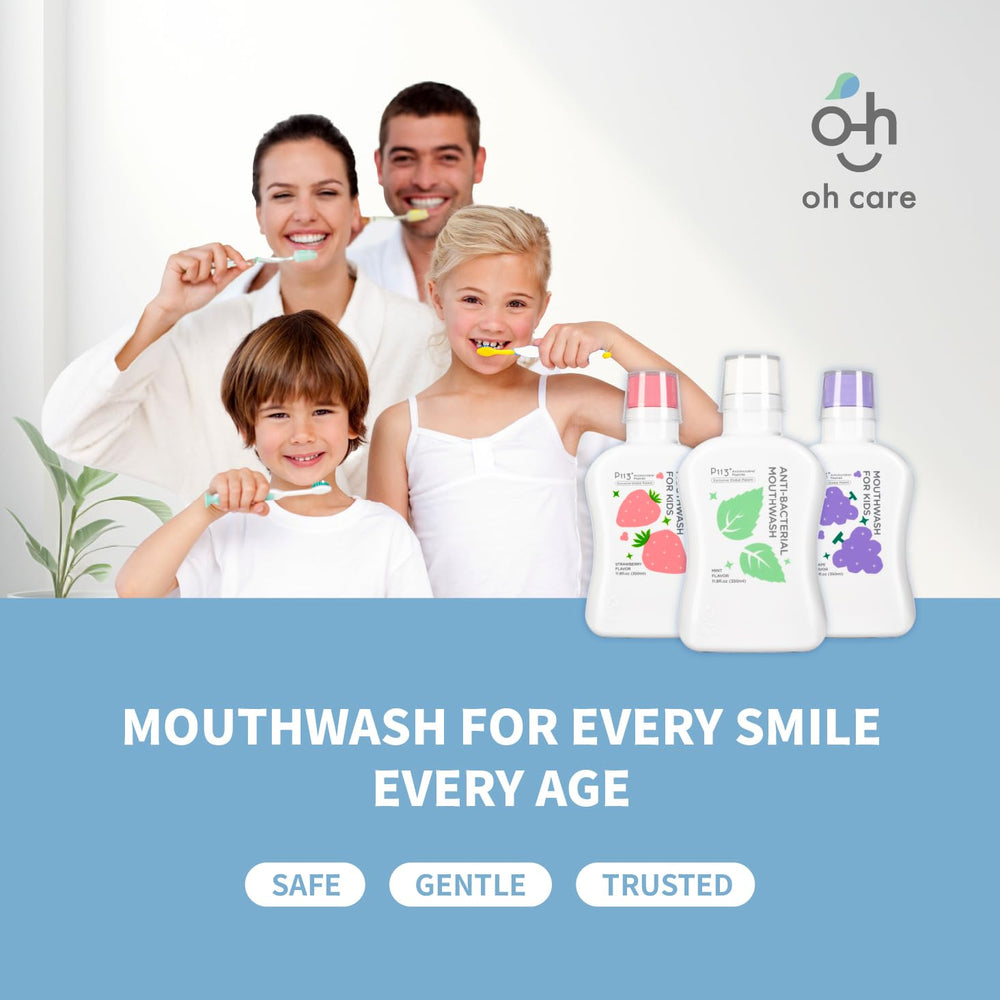Close-up of oh care Kids Mouthwash bottle showing 11.08 oz size