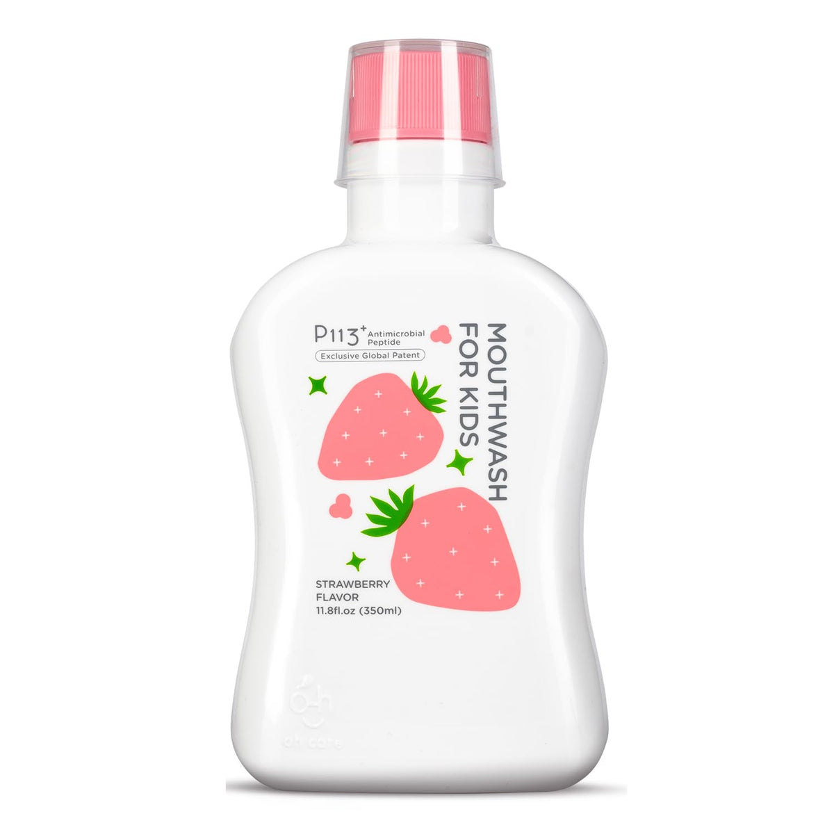 Front view of oh care Kids Mouthwash P113+ Strawberry bottle 11.08 fl oz
