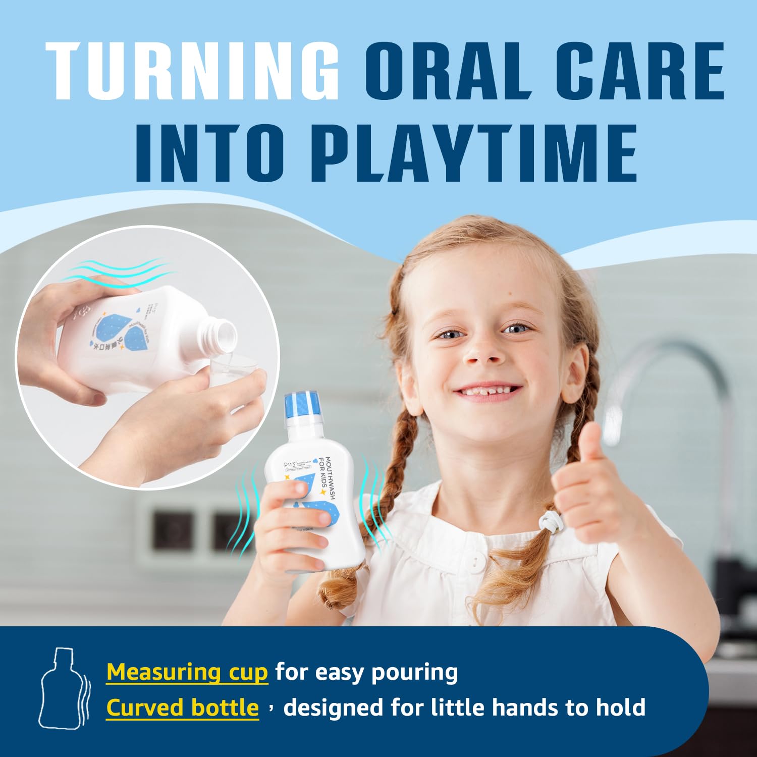 Toddler smiling after using oh care mouthwash, promoting oral hygiene