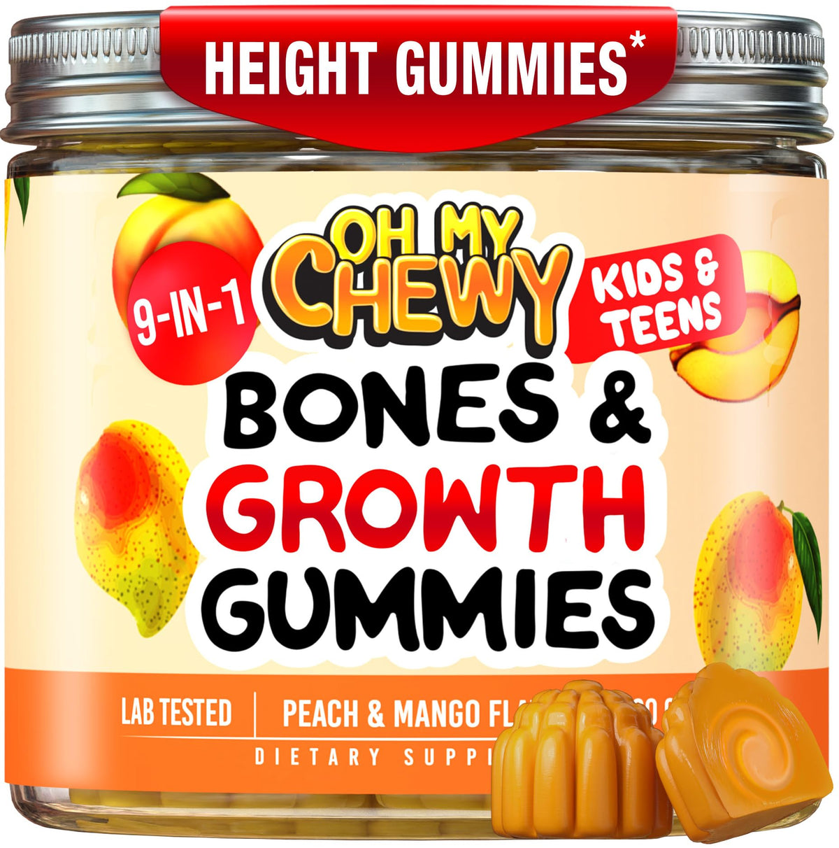 Front view of OH MY CHEWY Growth Increase Vitamin Gummies 60 count