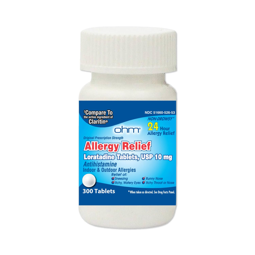 Ohm 24-hour Loratadine bottle provides all-day allergy relief