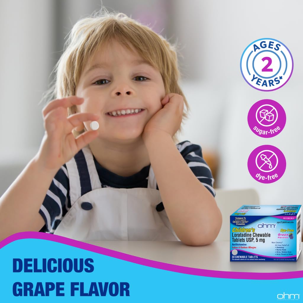 Ohm 24-hour relief illustration highlights all-day allergy support for children.