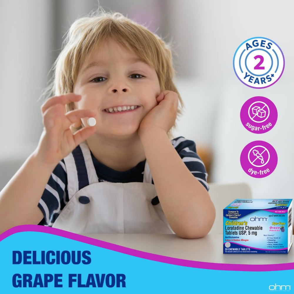 Ohm 24-hour relief illustration highlights all-day allergy support for children.