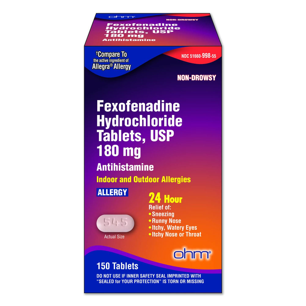 Ohm allergy medicine bottle front shows 180mg tablets for 24-hour relief from indoor and outdoor triggers.