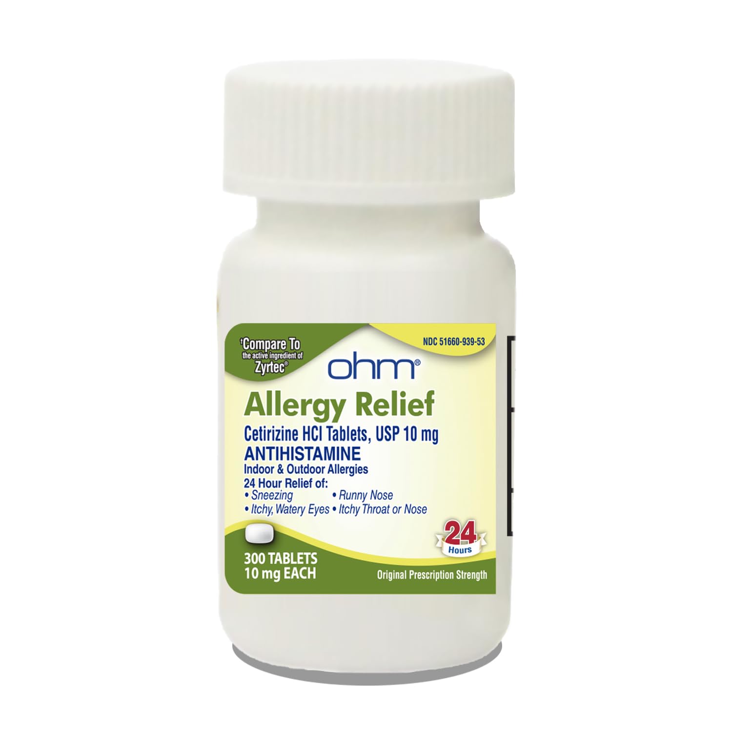 Ohm cetirizine 10 mg tablets bottle illustrates all-day allergy relief for daily comfort.