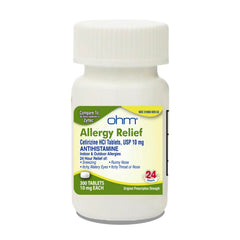 Ohm cetirizine 10 mg tablets bottle illustrates all-day allergy relief for daily comfort.