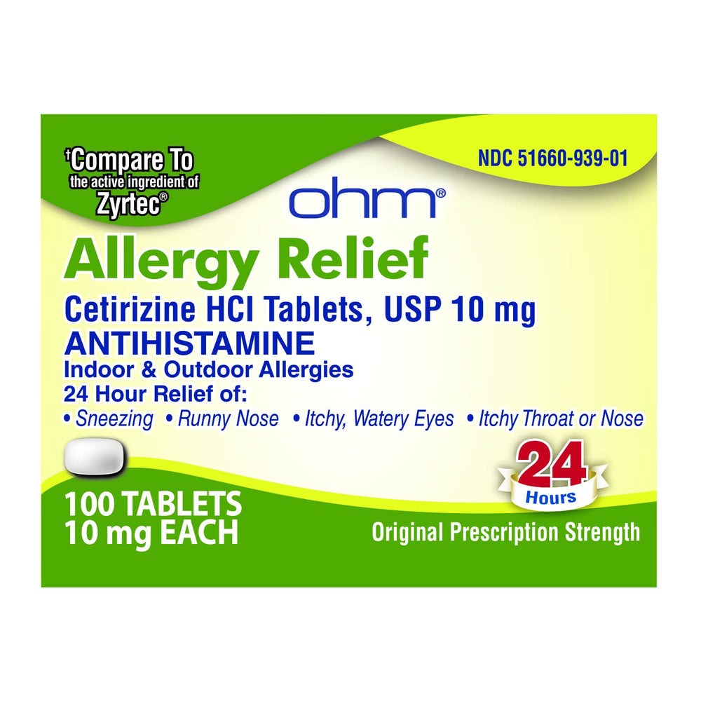 Ohm Cetirizine 10 mg tablets pack for all-day allergy relief