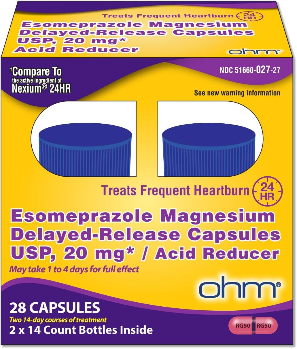 Ohm Esomeprazole 20mg bottle front for all-day heartburn relief.