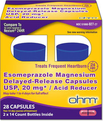 Ohm Esomeprazole 20mg bottle front for all-day heartburn relief.