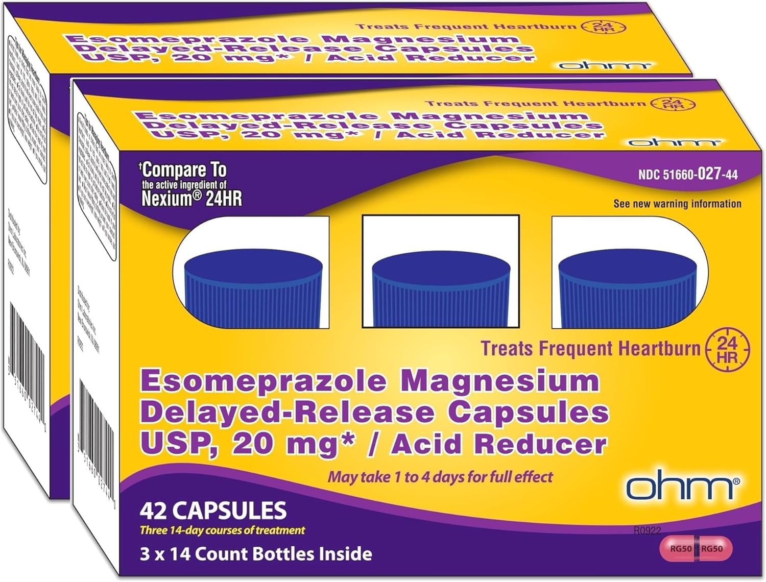 Ohm Esomeprazole 20mg bottle pour for 24-hour heartburn relief