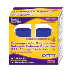 Ohm Esomeprazole 20mg capsules closeup shows delayed-release for gradual relief.