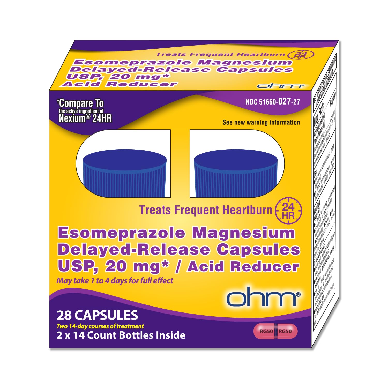 Ohm Esomeprazole 20mg capsules closeup shows delayed-release for gradual relief.