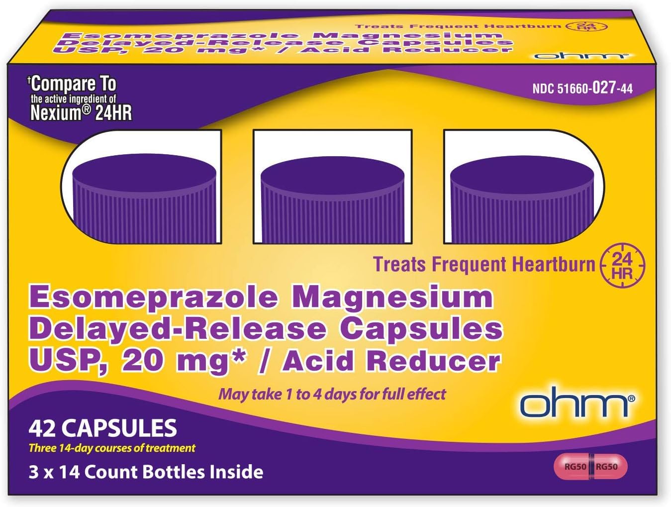Ohm Esomeprazole 20mg delayed-release bottle suggesting 24-hour heartburn relief.