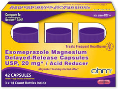 Ohm Esomeprazole 20mg delayed-release bottle suggesting 24-hour heartburn relief.