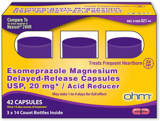 Ohm Esomeprazole 20mg delayed-release bottle suggesting 24-hour heartburn relief.