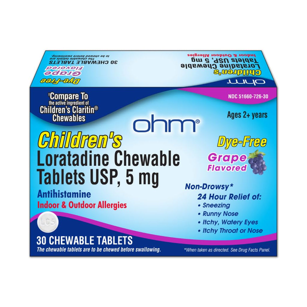 Ohm grape-flavored chewable tablets bottle offers kid-friendly allergy relief.