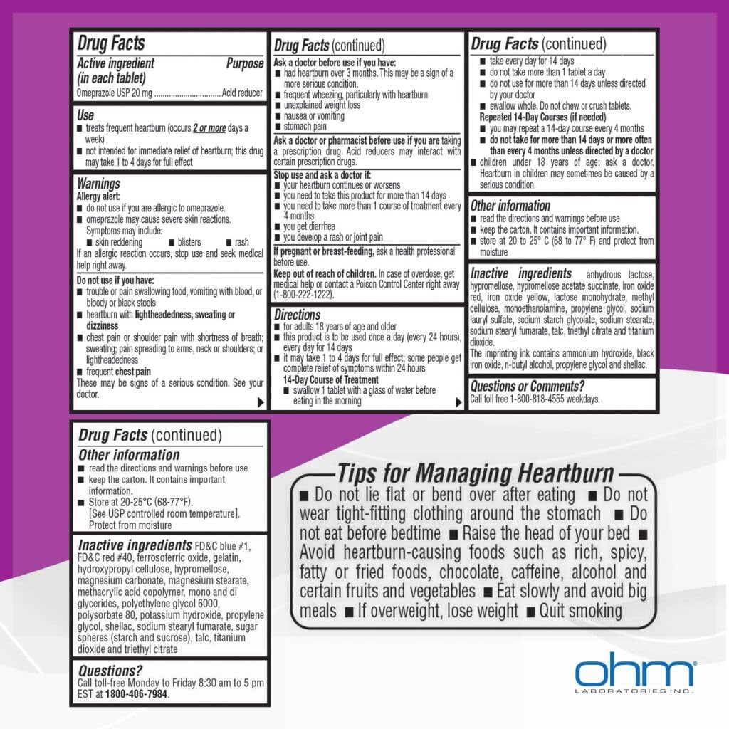 Ohm Omeprazole 20mg bottle illustrates 24-hour relief for frequent heartburn.
