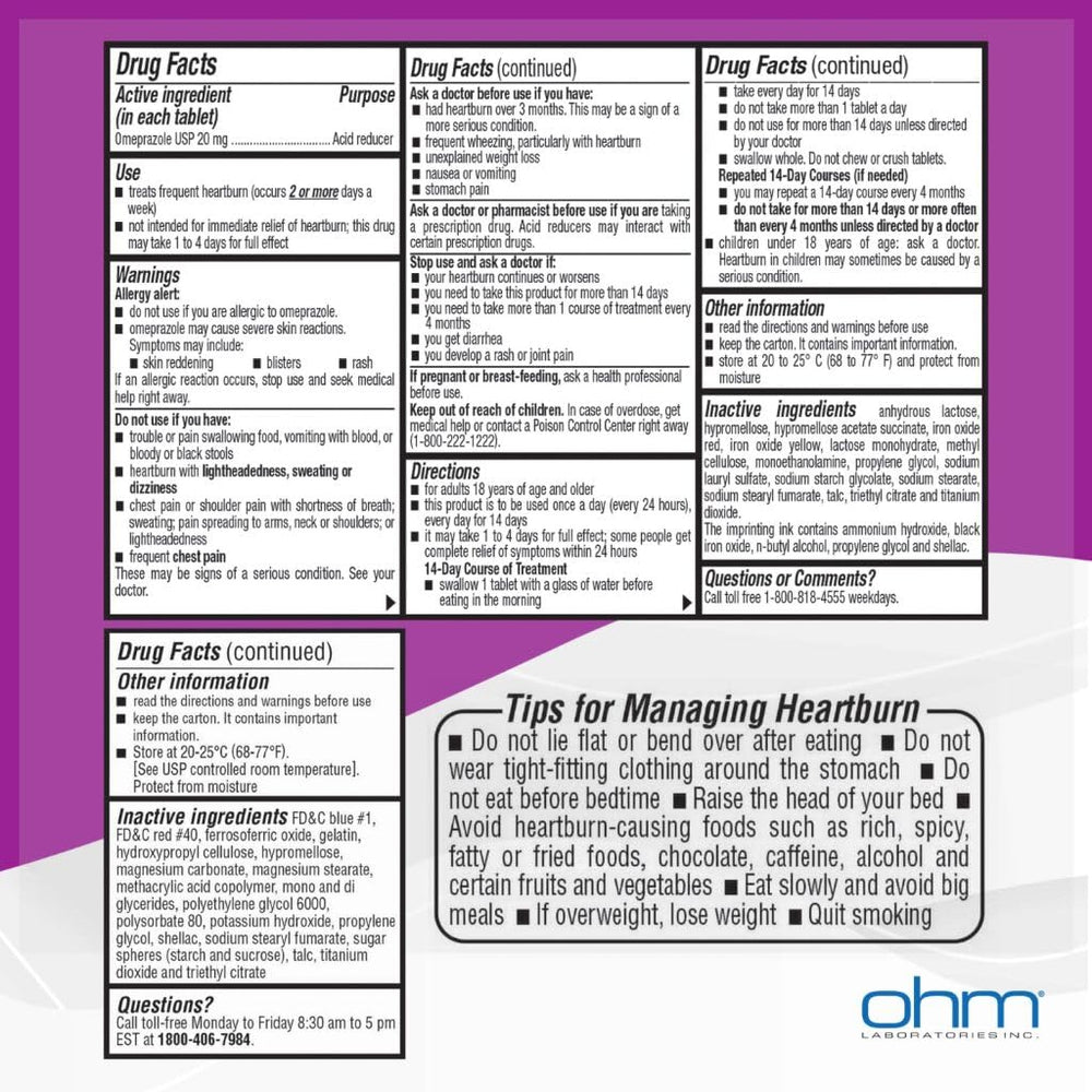 Ohm Omeprazole 20mg bottle illustrates 24-hour relief for frequent heartburn.