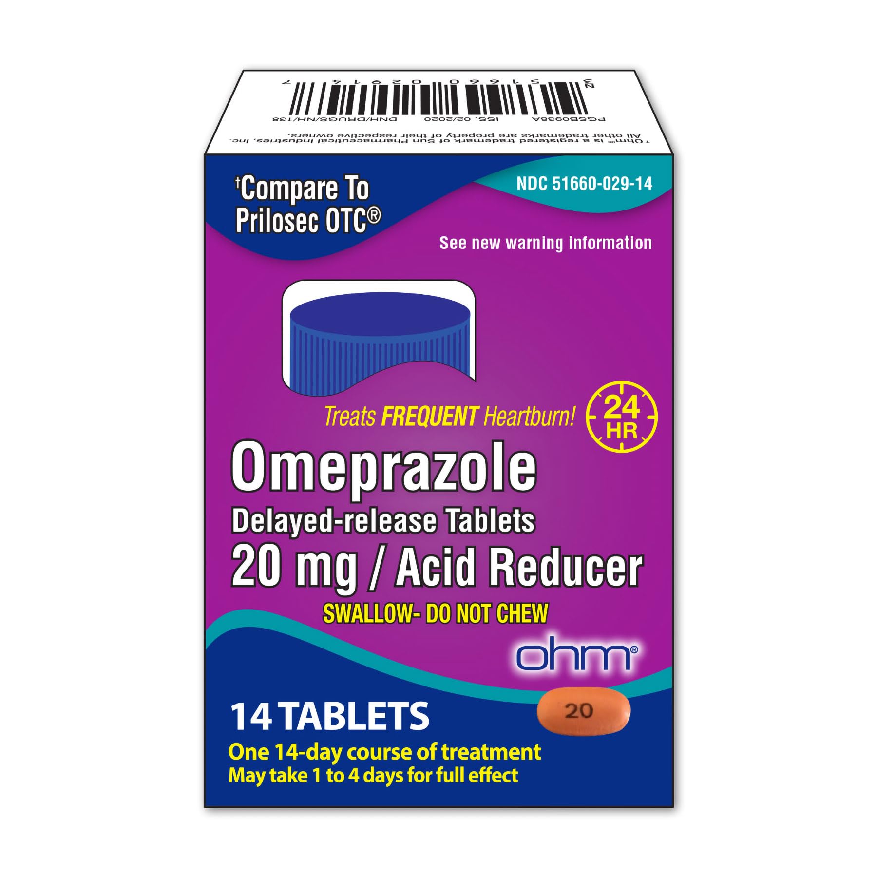 Ohm Omeprazole 20mg tablets pack for daily heartburn relief and prevention.