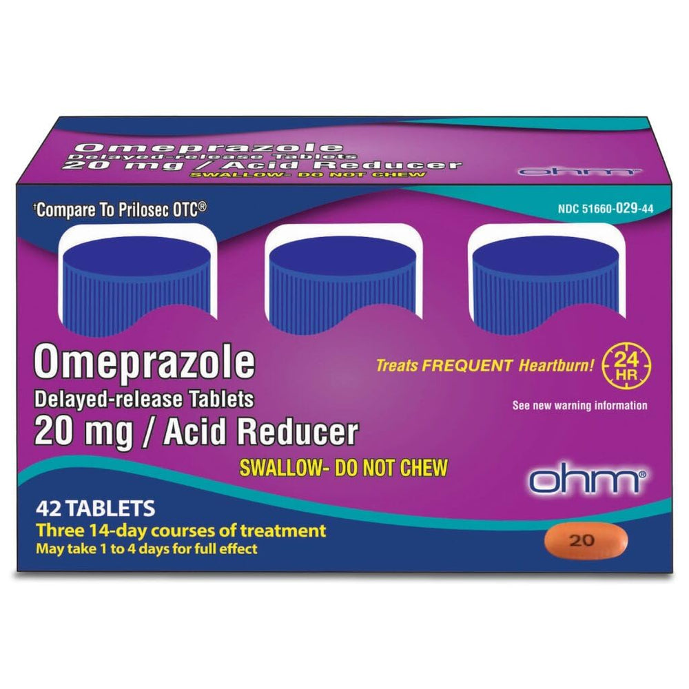 Ohm Omeprazole 20mg tablets packaging signals reliable 24-hour heartburn relief option.