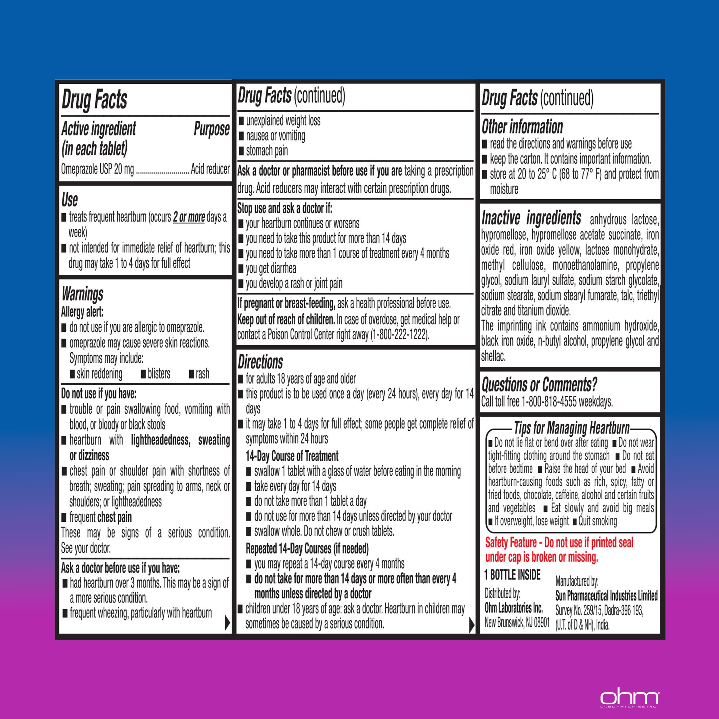 Ohm Omeprazole tablets swallow whole for sustained indigestion relief.