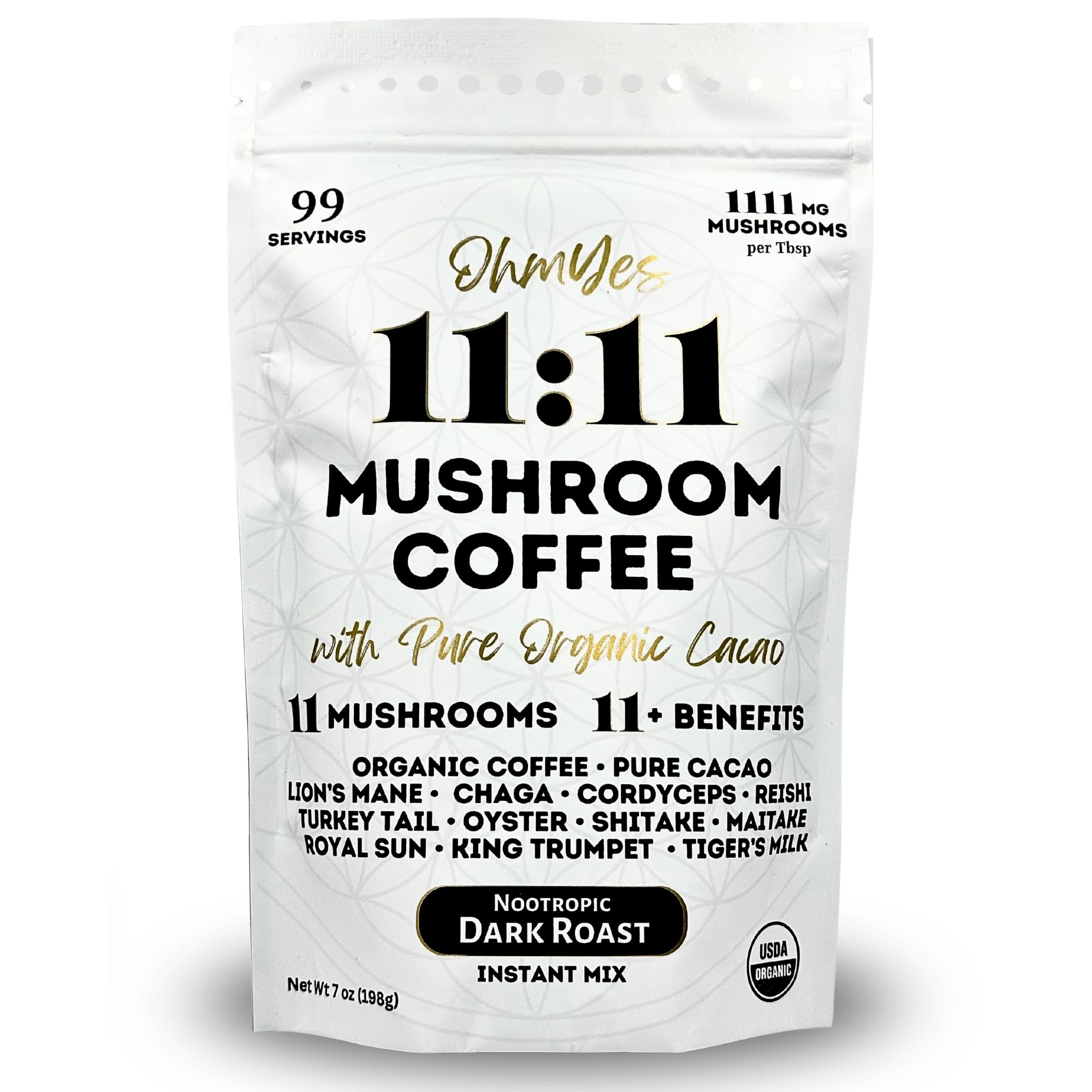 OhmYes 1111 mushroom coffee cacao bag showing organic blend for daily energy.