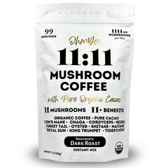 OhmYes 1111 mushroom coffee cacao bag showing organic blend for daily energy.