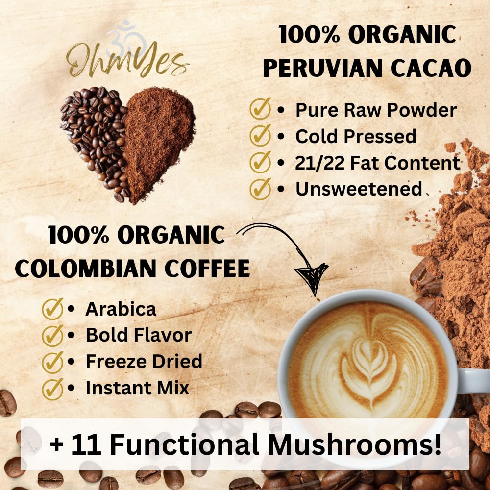 OhmYes 1111 mushroom coffee cacao ingredients close-up emphasizes nutrition.