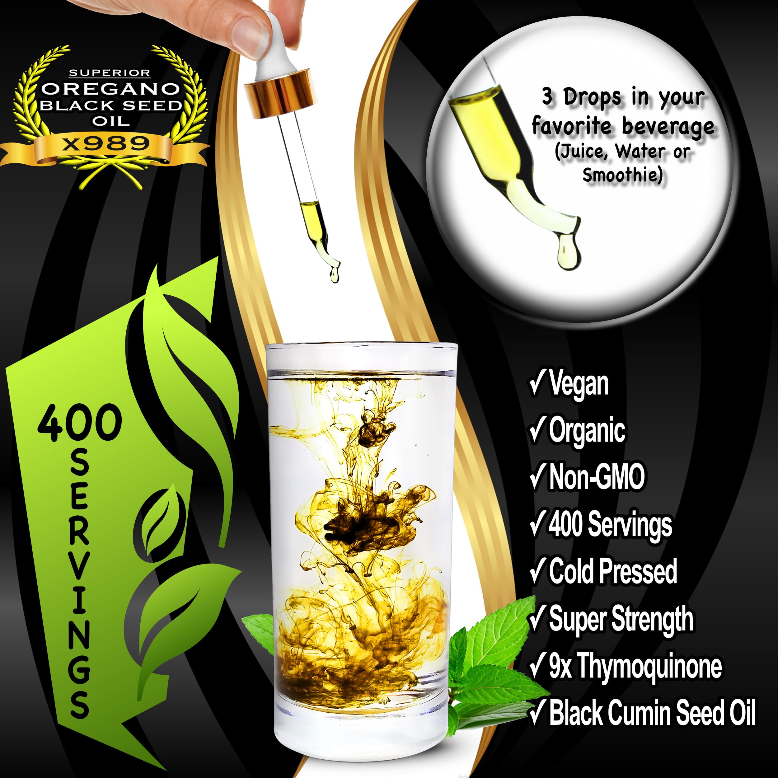Dropper bottle with 2-in-1 oregano and black seed oil.