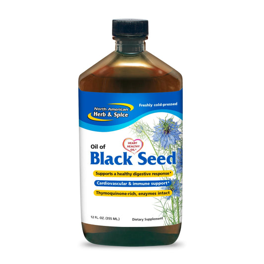 Front view of North American Herb & Spice Oil of Black Seed bottle, 12 oz