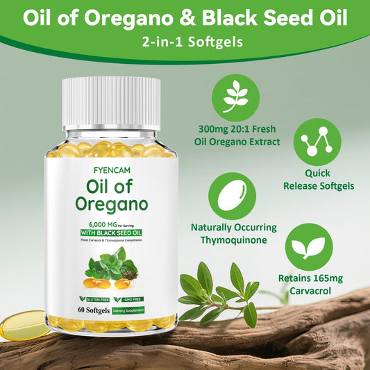 Illustration of 2-in-1 oregano and black seed oil capsules