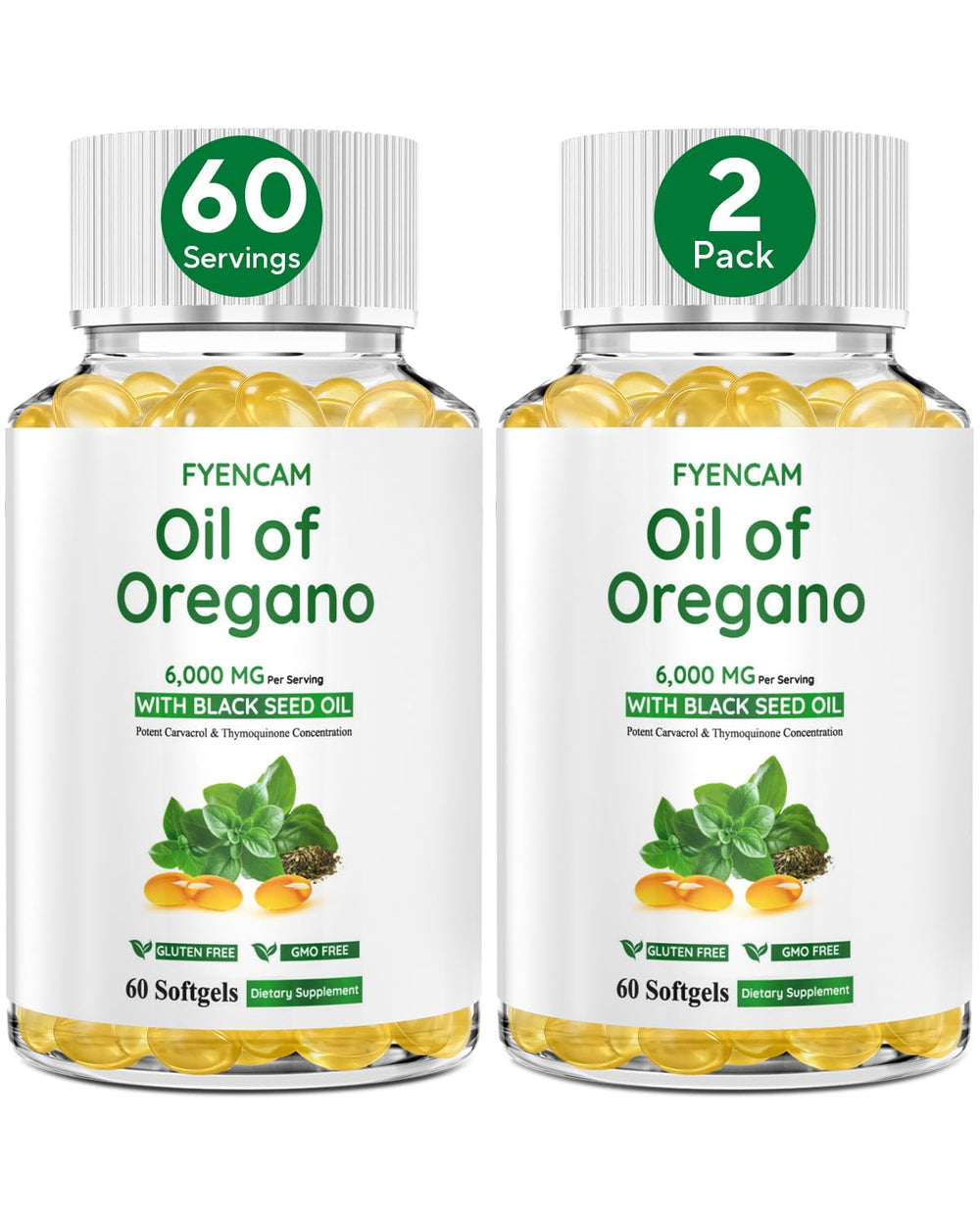 Front view of Oil of Oregano with Black Seed Oil capsules showing 6000mg per serving