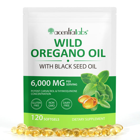 Bottle of Oil of Oregano with Black Seed Oil Softgels on white background