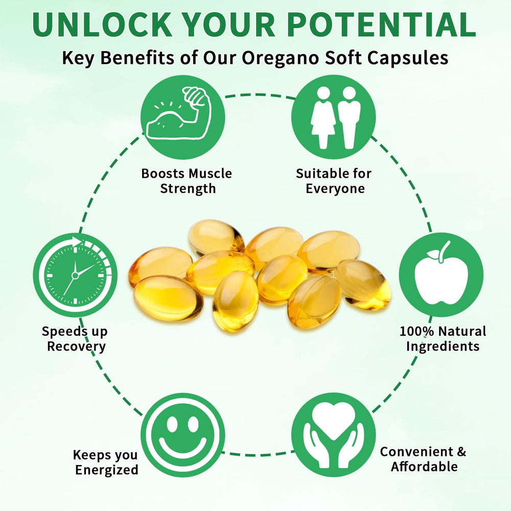 Illustration highlighting 6000mg oregano oil and 200mg black seed oil 2-in-1 formula