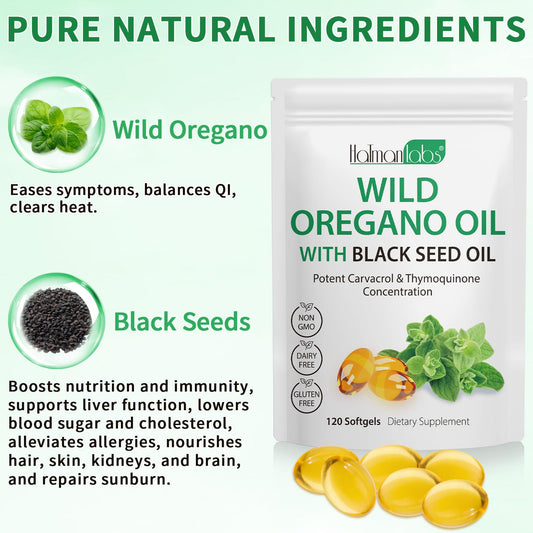Back label showing ingredients and directions on Oil of Oregano Softgels bottle