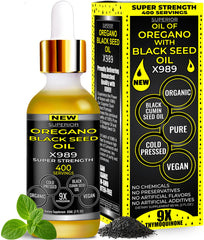 Oregano and black seed oil blend in a 400-serving bottle.