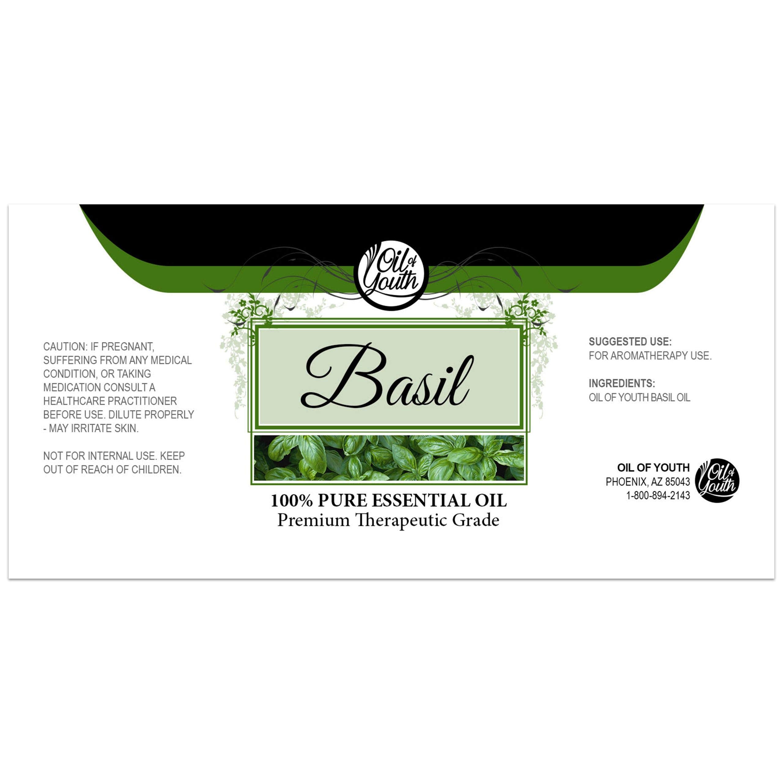 Front label of Basil Essential Oil – therapeutic grade, 4 oz