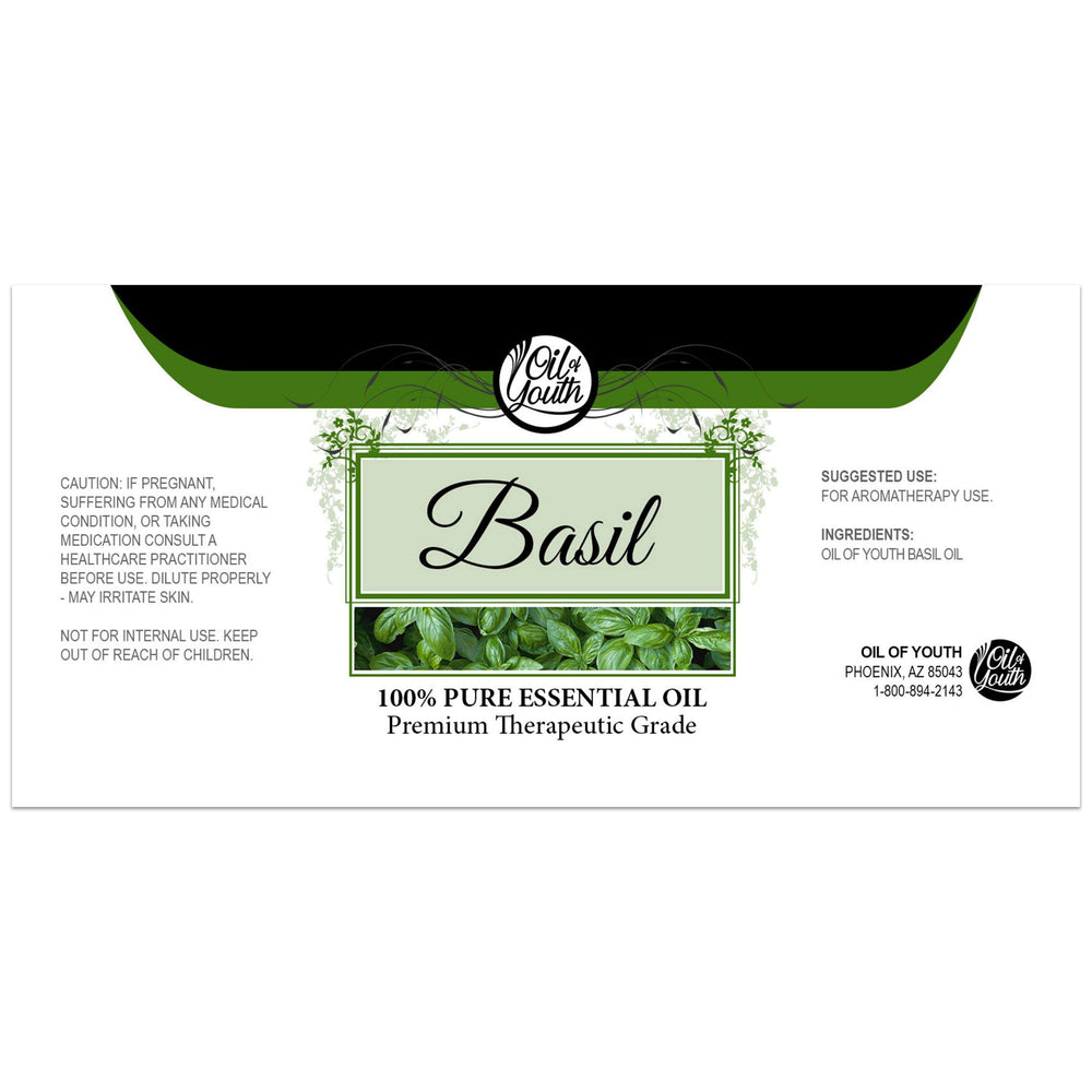 Front label of Basil Essential Oil – therapeutic grade, 4 oz