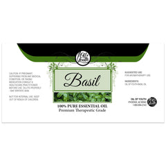 Front label of Basil Essential Oil – therapeutic grade, 4 oz