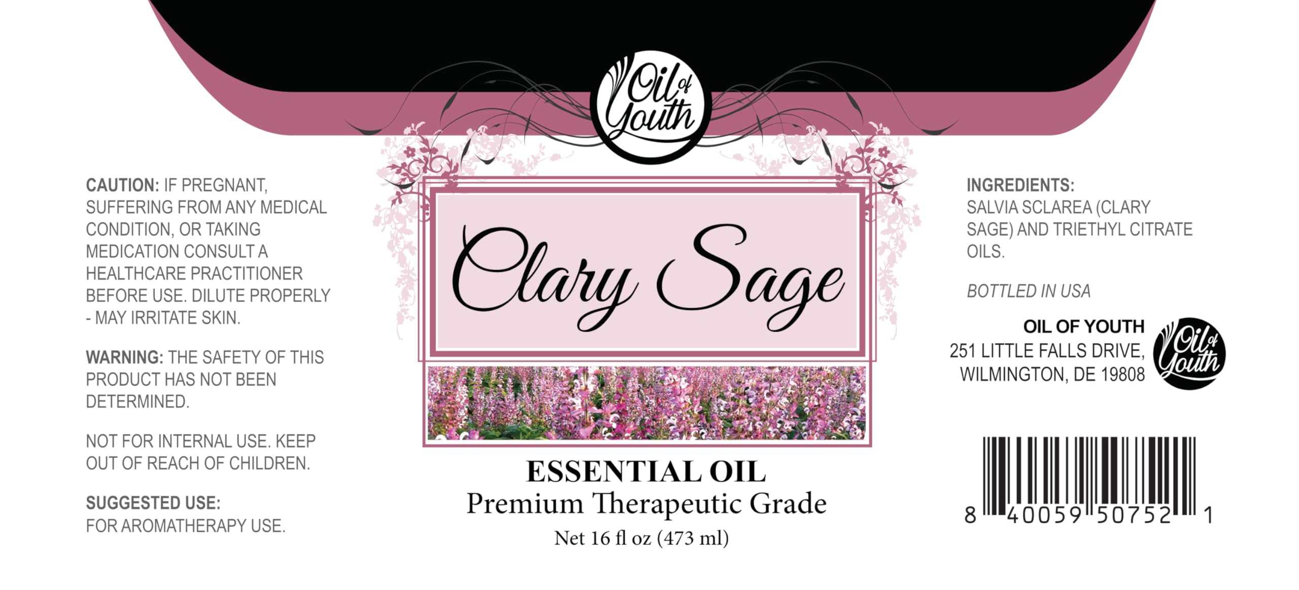16oz bulk bottle of Oil of Youth Clary Sage essential oil with label