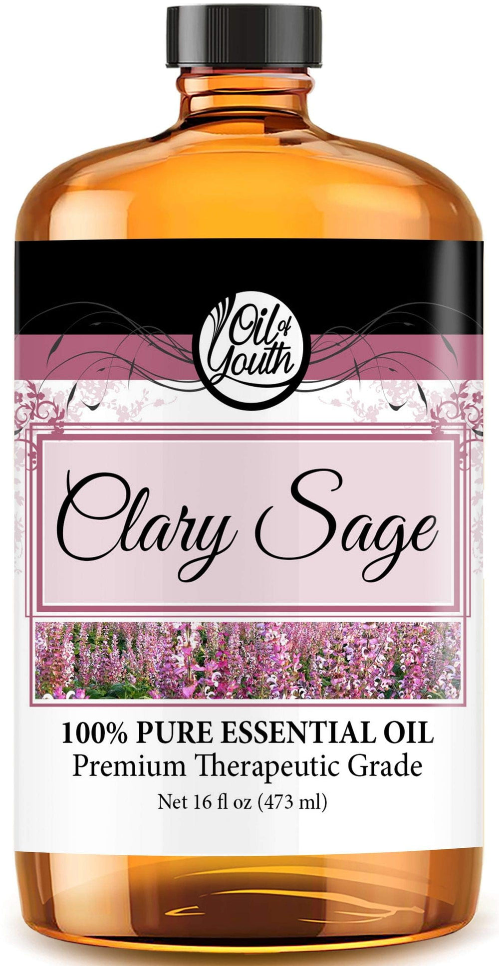 Front view of Oil of Youth Clary Sage Essential Oil 16oz bulk bottle