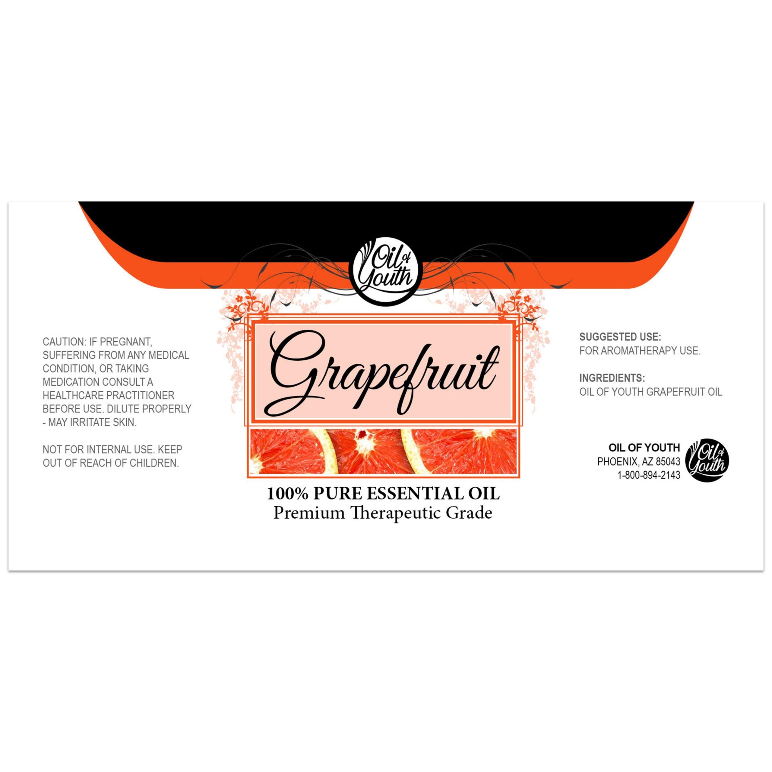 Grapefruit essential oil bottle close-up and label
