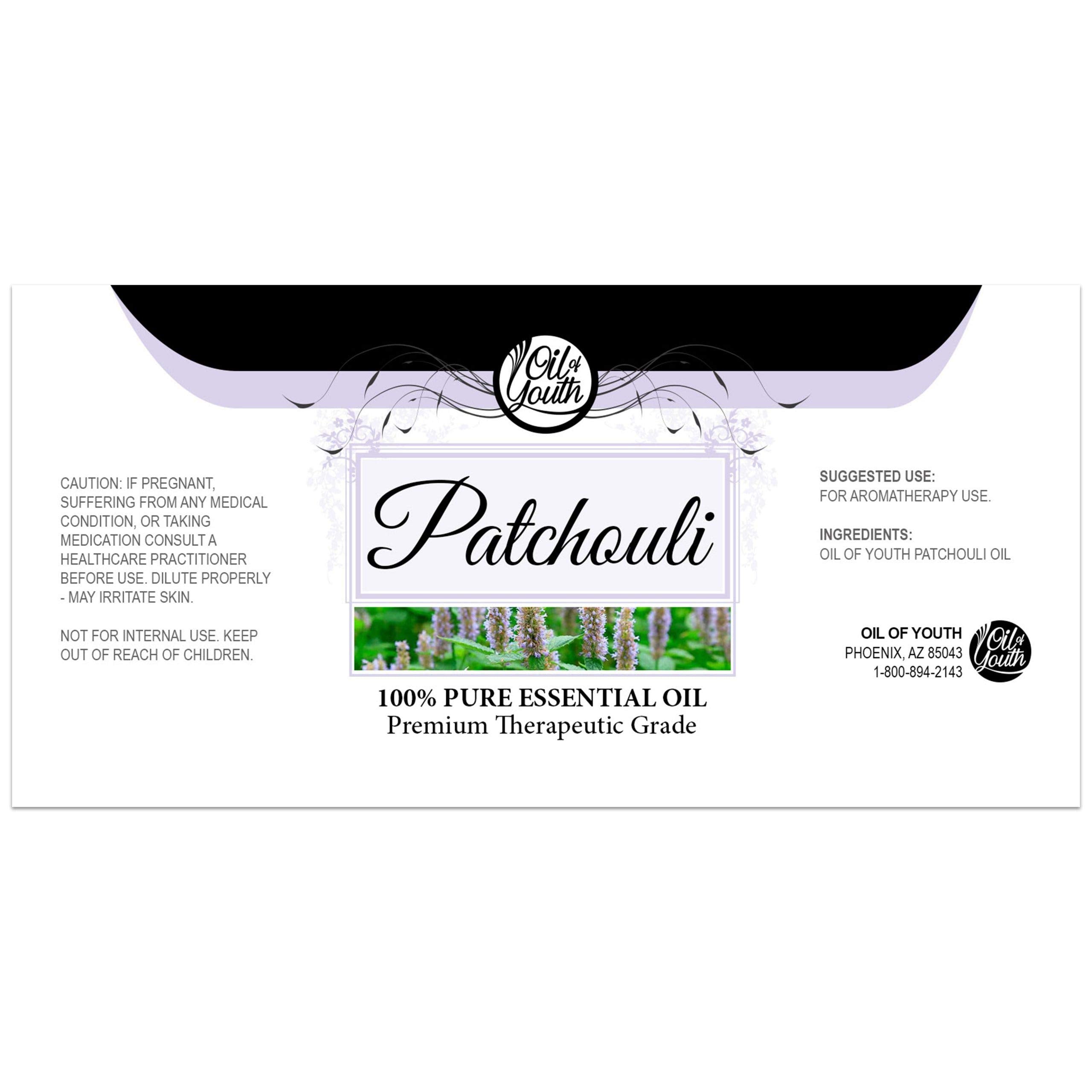 Close-up of Patchouli Essential Oil bottle label