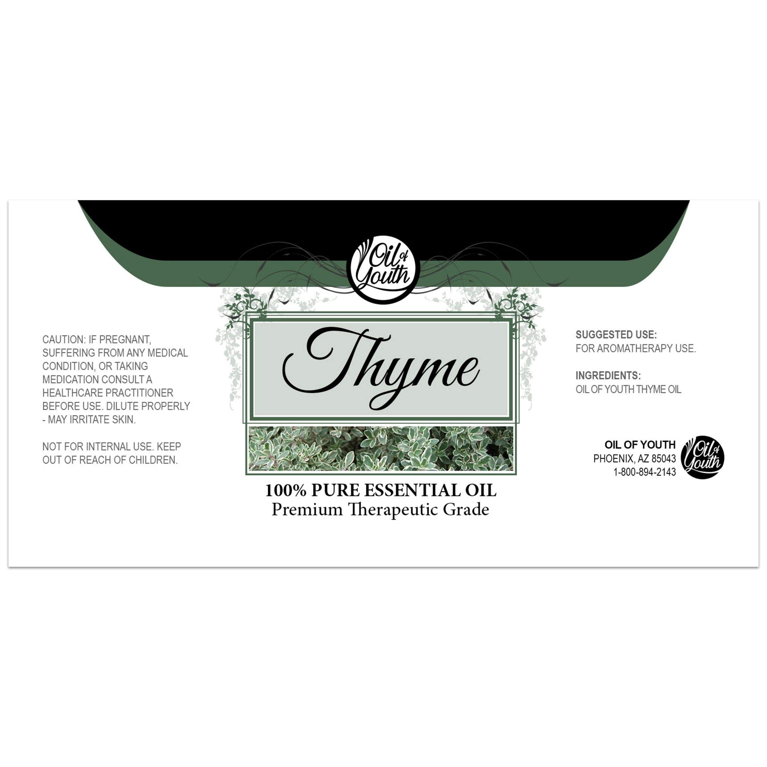 Front label of Oil of Youth Thyme Essential Oil 16oz
