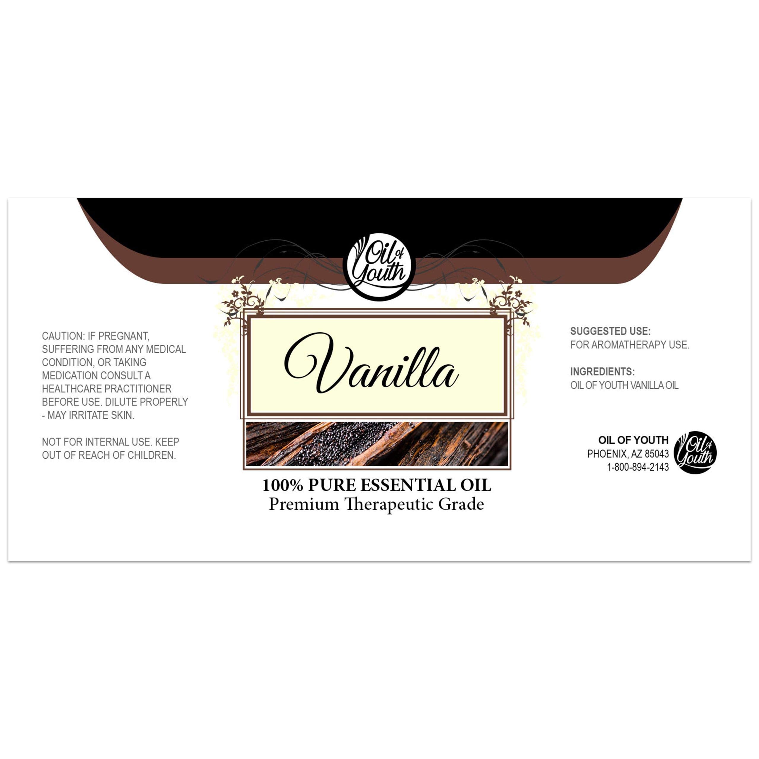 Close-up of vanilla essential oil bottle (8oz)